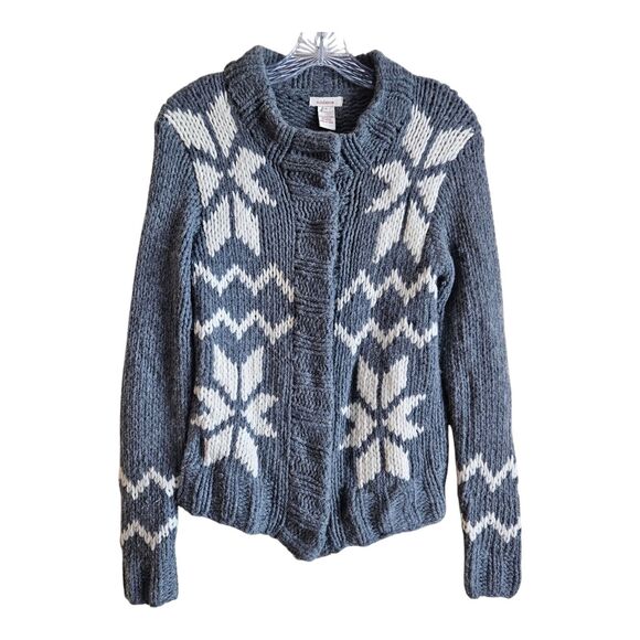 SUNDANCE Women's S Cardigan Sweater Nordic Gray White Chunky Knit Lambswool 36" - Picture 1 of 8